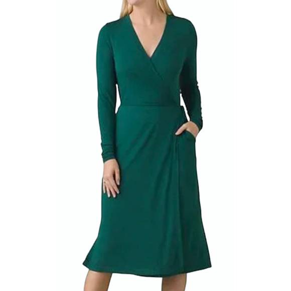 NWT PRANA DEEP PINE HEATHER GREEN FOUNDATION LONG SLEEVE WRAP DRESS SZ M 1966871 - Picture 1 of 5